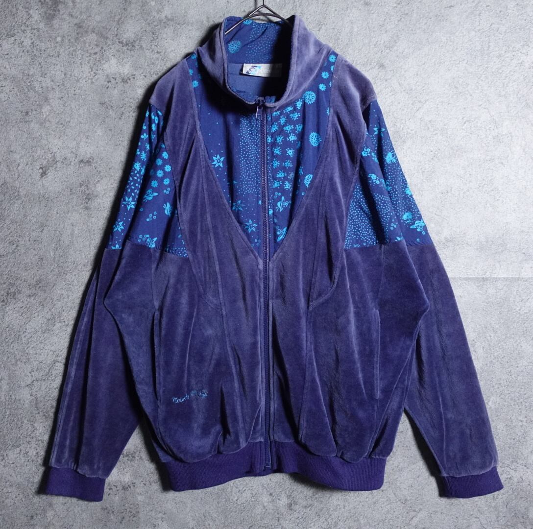 Euro Navy flower design velor zip jacket