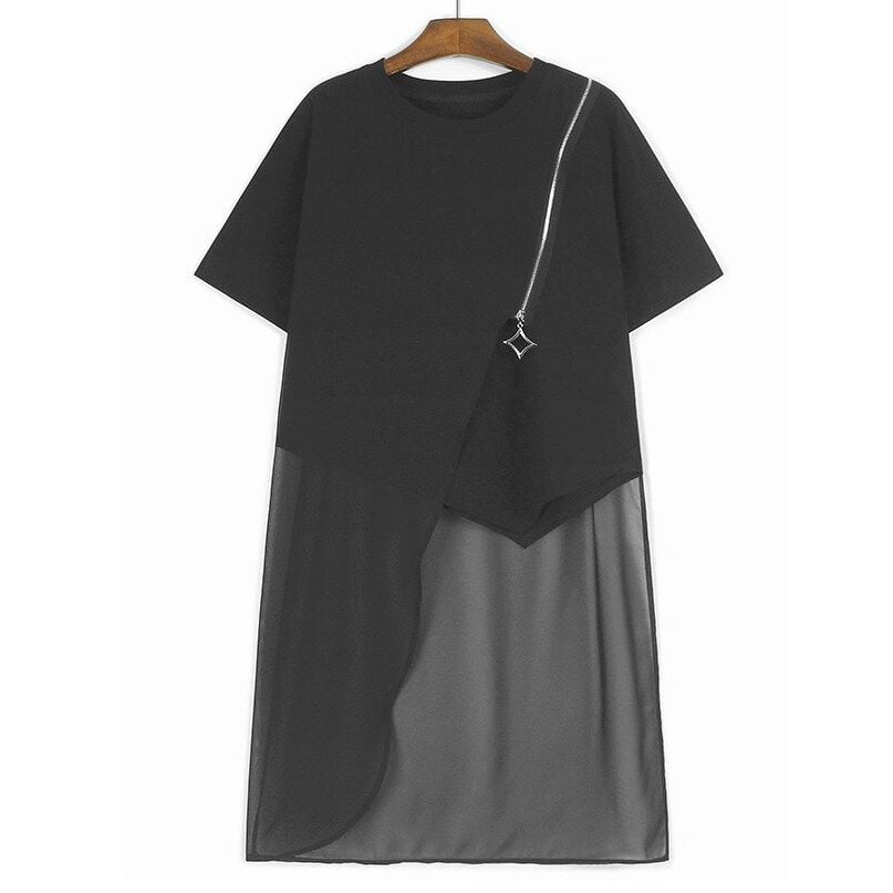 BLACK ZIP TRIMMED ORGANZA STITCHED LONG LINE T-SHIRT 1color M-14070