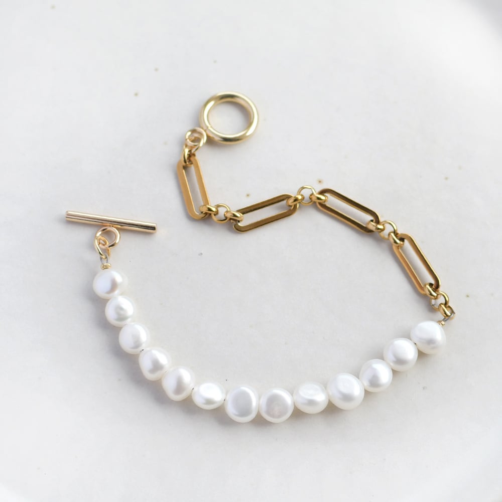 淡水パール ブレスレット / 6.0mm バロックパール フィガロチェーン
