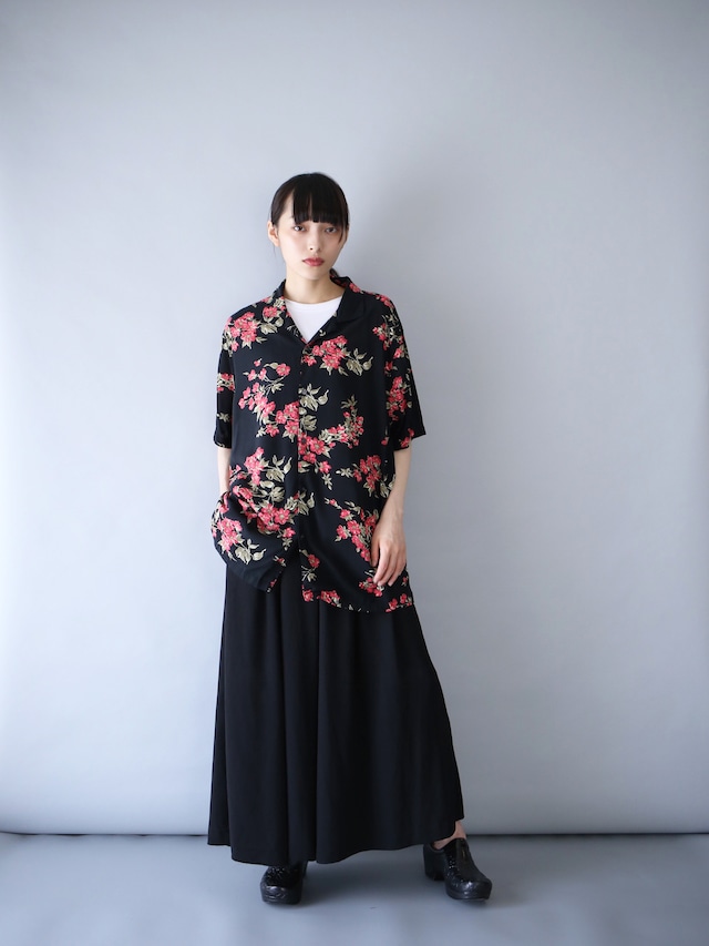 "花柄" black base pink rose flower pattern h/s shirt