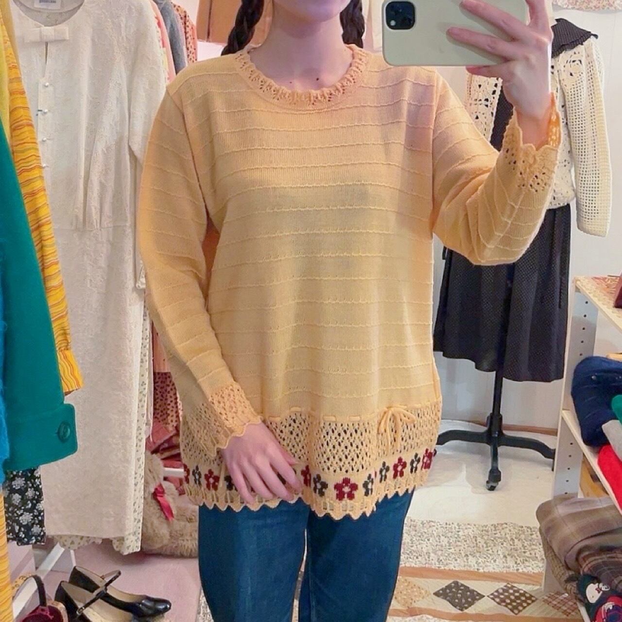 orange flower ribbon openwork knit sweater