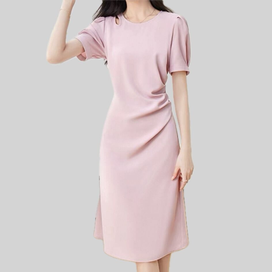 Satin waist drape design short sleeve dress 00113