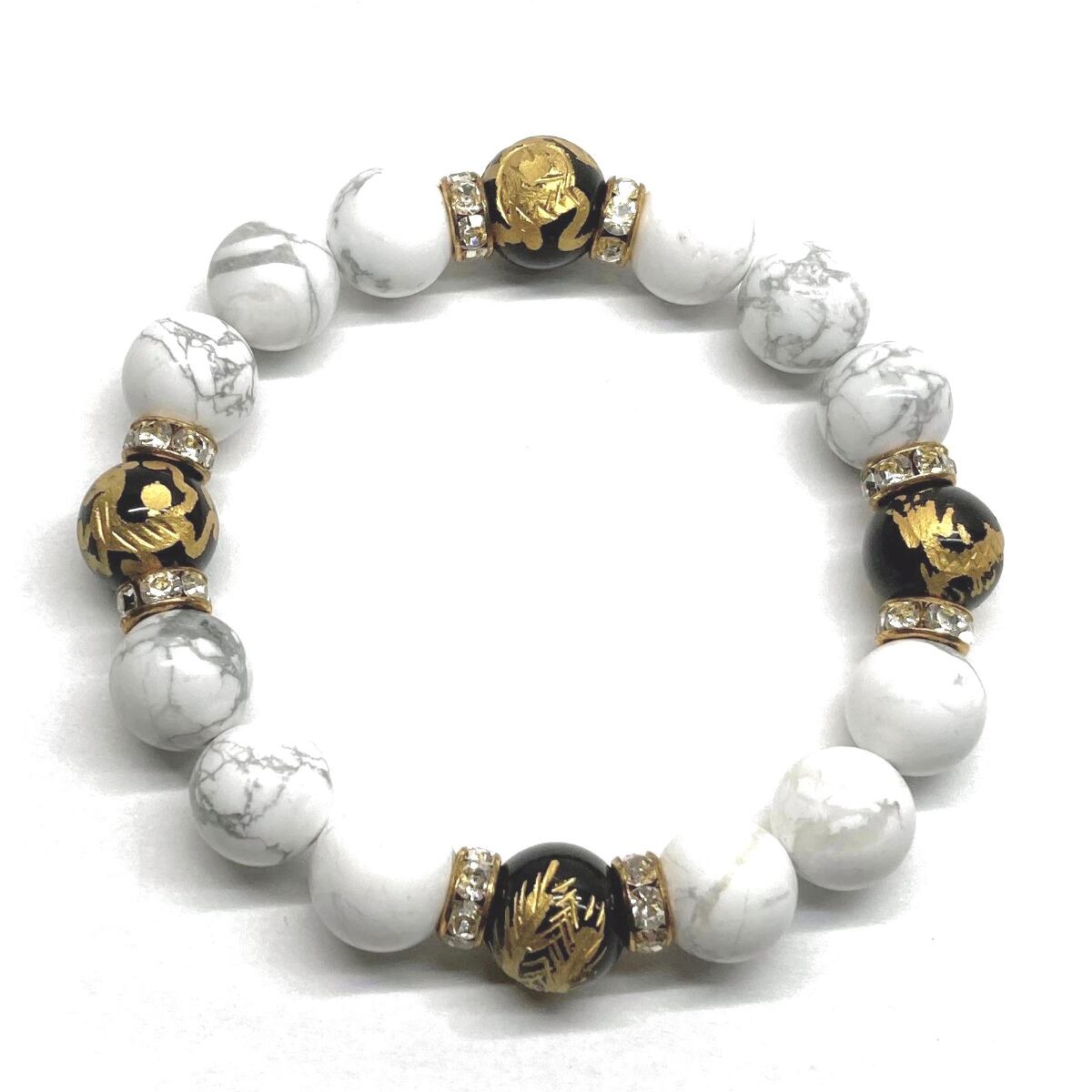 12mm 四神獣金彫オニキス×ハウライト パワーストーン ブレスレット