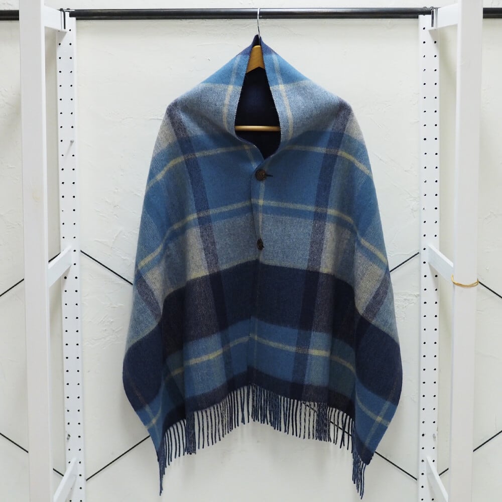 ウール100％ チェック柄×無地 リバーシブル ポンチョストール