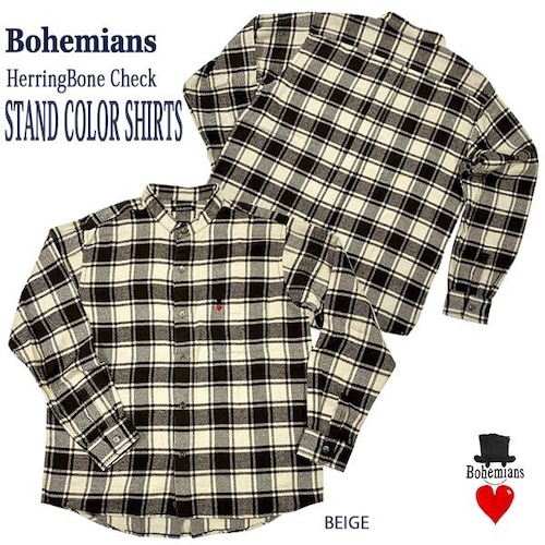 STAND COLOR SHIRTS HERRINGBONE CHECK BEIGE スタンドカラー ヘリンボーンチェック 長袖シャツ ベージュ BOHEMIANS ボヘミアンズ JAPAN