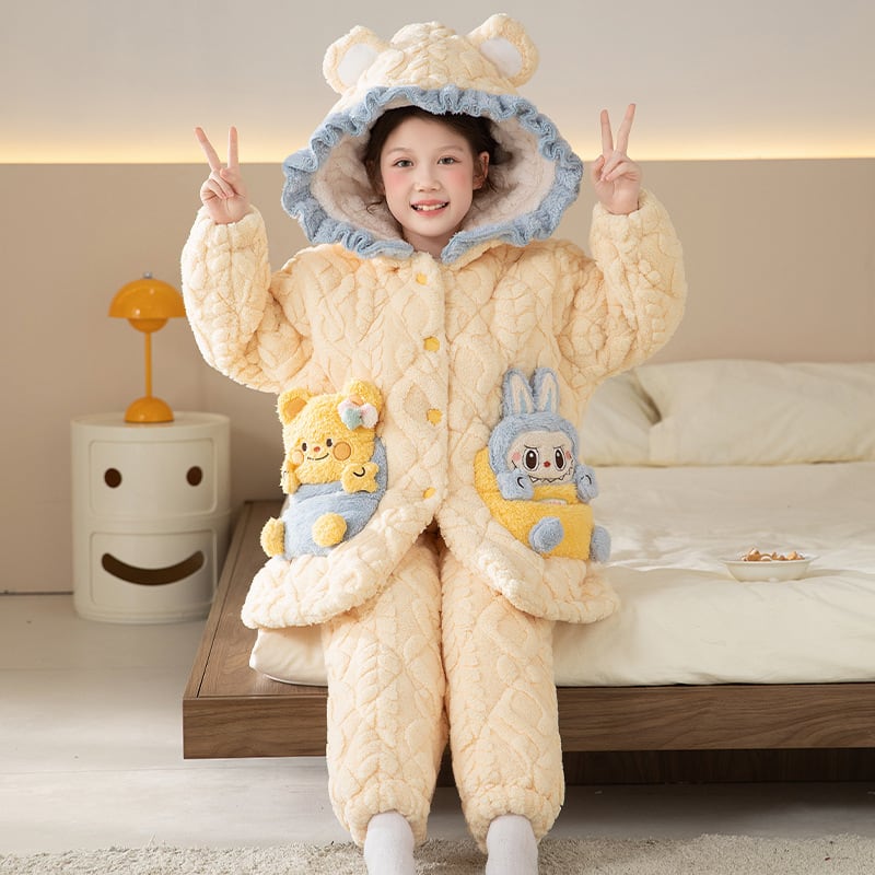 可愛い耳付き 三層綿入り!布団のように暖かい♡ Labubu シーバスフランネル ルームウェア パジャマ 女の子 男の子 冬 超暖かい 防寒 インナー 高保温 ルームウェア ホームウェア