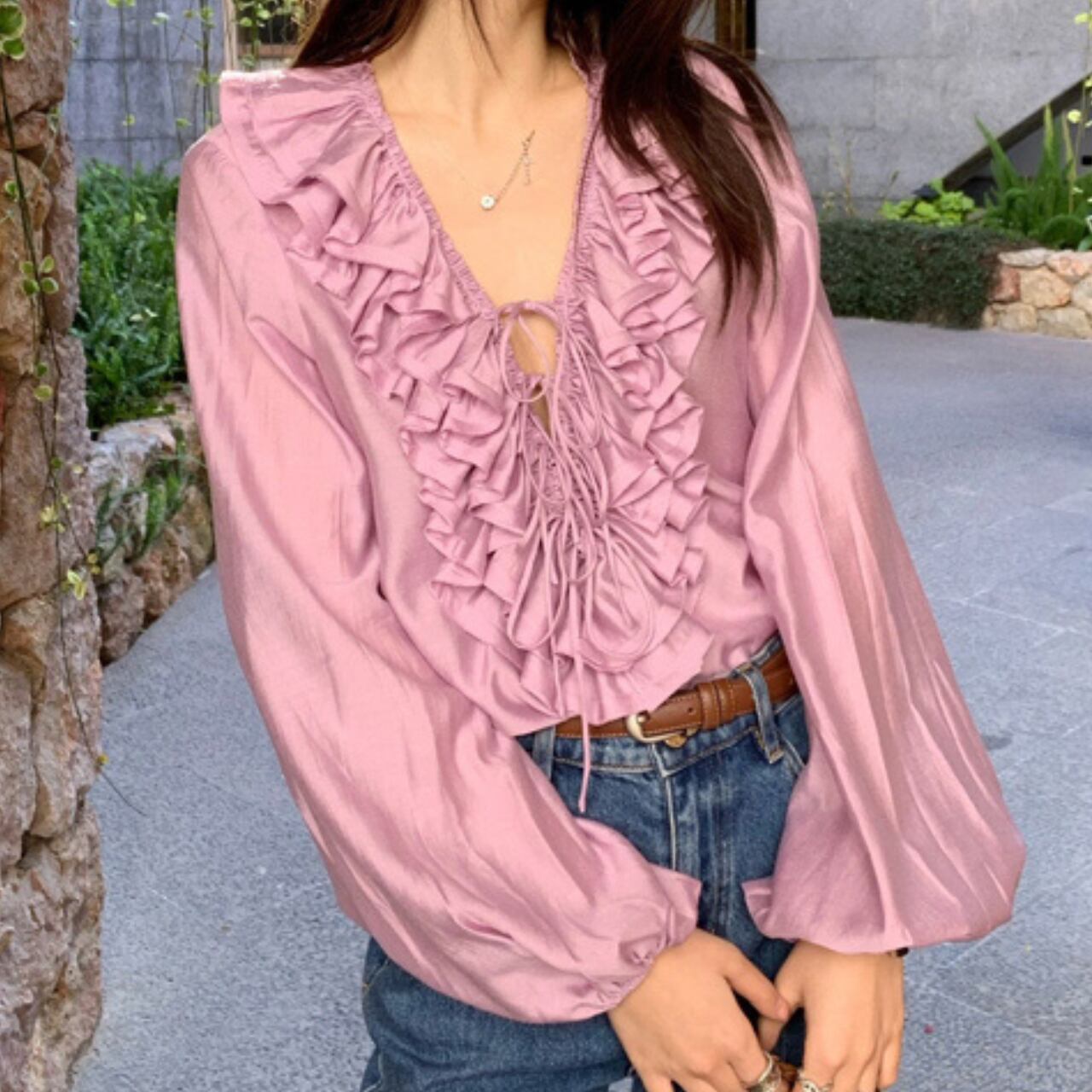 フリルレースアップブラウス A4366