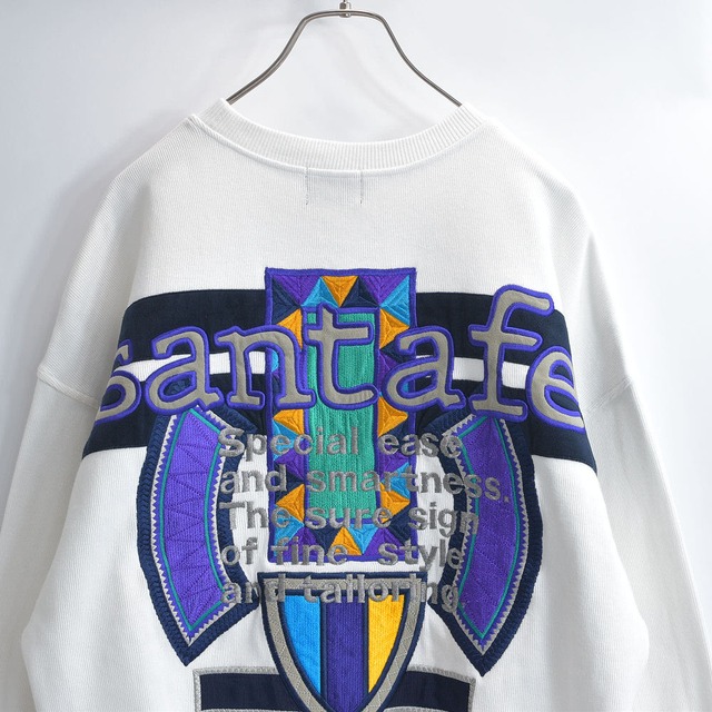 90s 日本製 santa fe サンタフェ 刺繍 アップリケ ビッグロゴ デザイン バックロゴ ワイド ドロップショルダー クルーネック スウェット トレーナー ホワイト 白 ジャパンヴィンテージ ビンテージ 国産古着 メンズLサイズ相当
