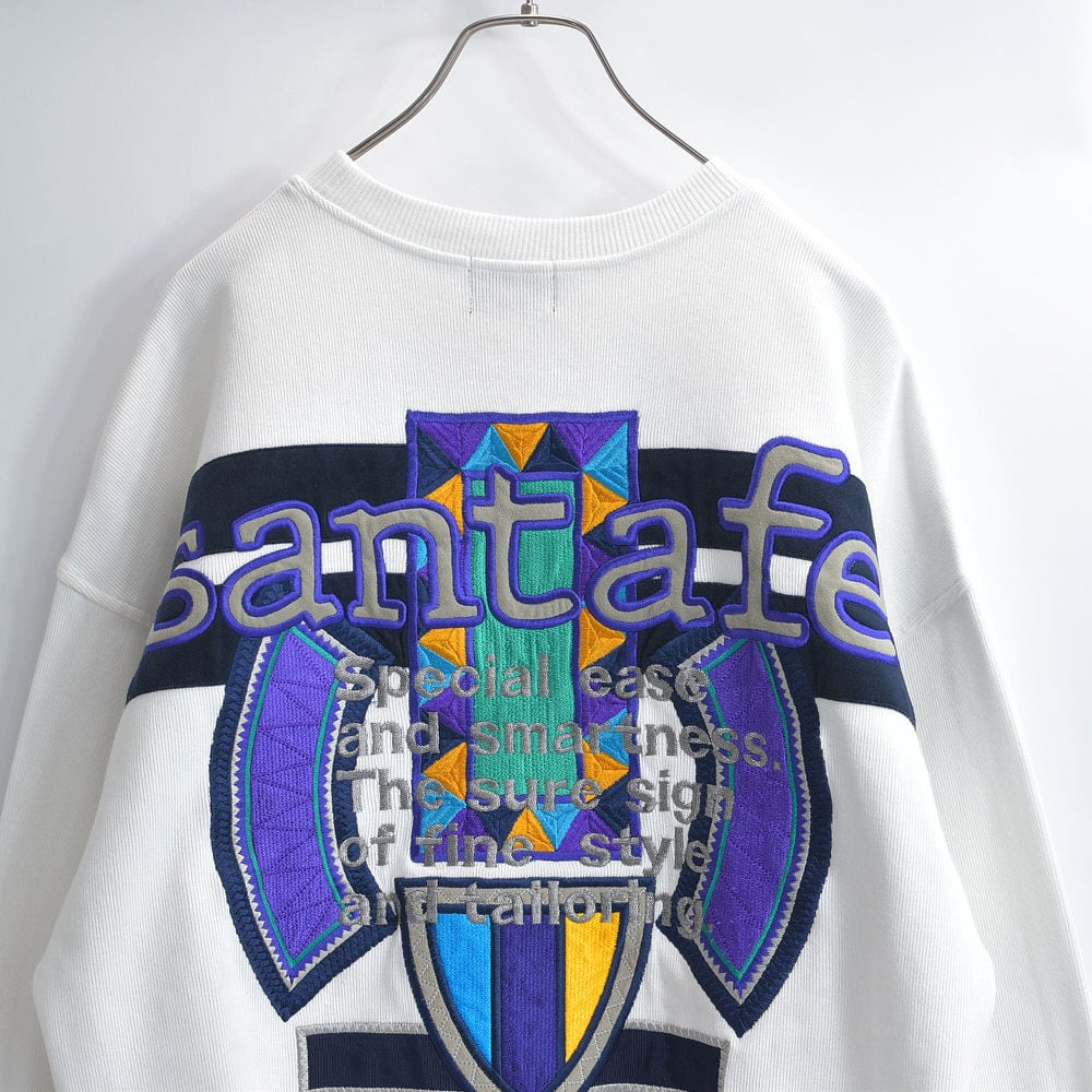 90s 日本製 santa fe サンタフェ 刺繍 アップリケ ビッグロゴ デザイン バックロゴ ワイド ドロップショルダー クルーネック スウェット トレーナー ホワイト 白 ジャパンヴィンテージ ビンテージ 国産古着 メンズLサイズ相当