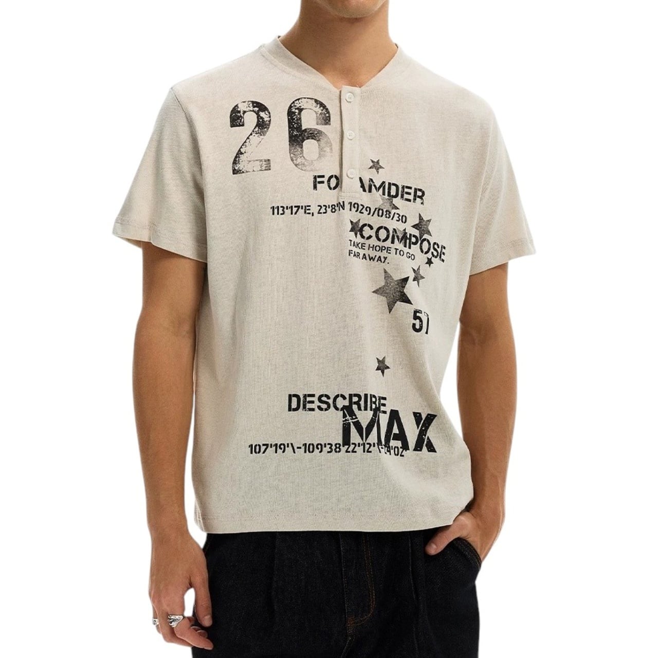 ヴィンテージライクタイポグラフィヘンリーネックTシャツ 2col A00145