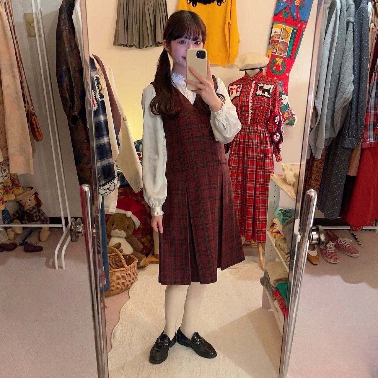red check back button jumper skirt