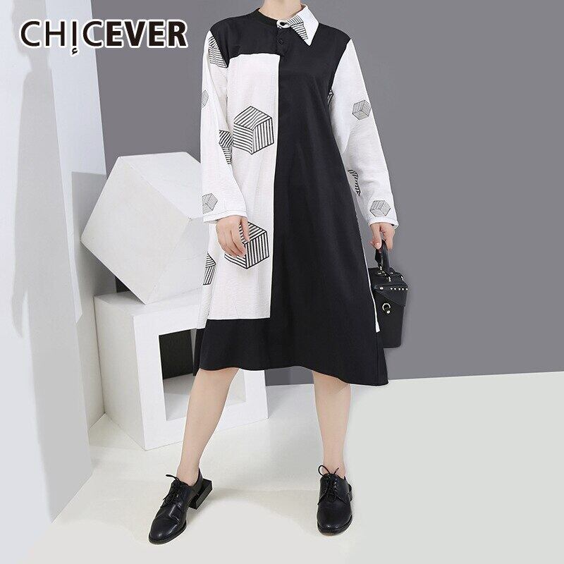 CHICEVER幾何学模様のプリントドレス女性ラペル長袖ヒットカラールーズ特大ストレートドレス2020秋の服 ロング オータム 秋物 6base538426282329