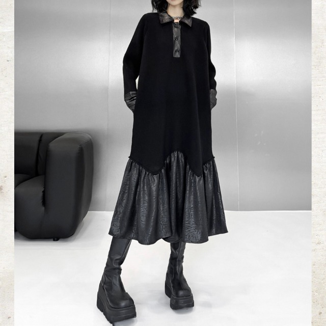 Polo Collar Leather Patchwork Long Dress　H0383