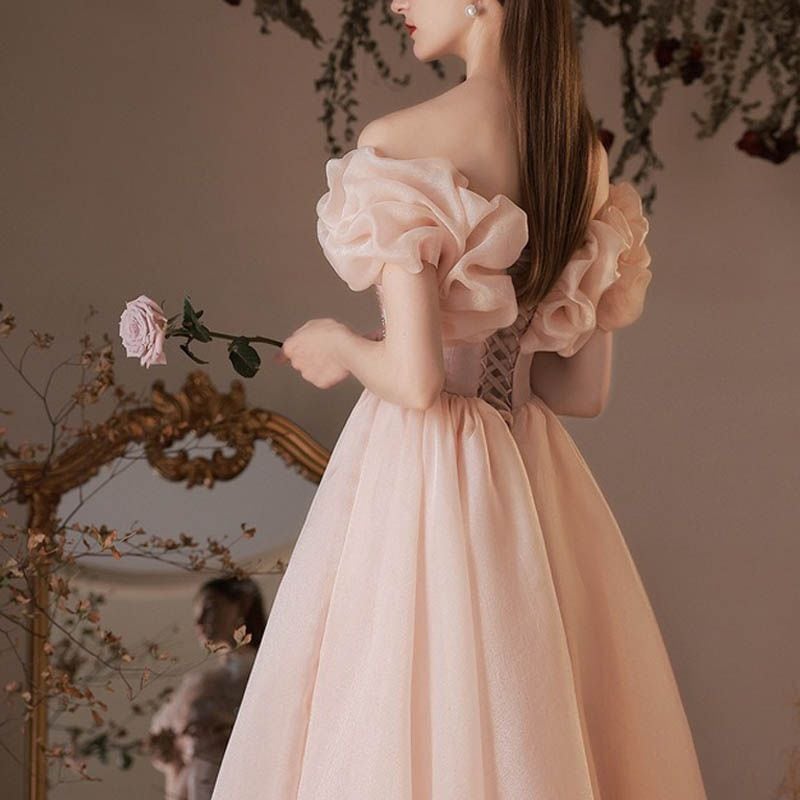 カラードレス 編み上げ オフショルダー シフォン 前撮り ピンク ミモレ  