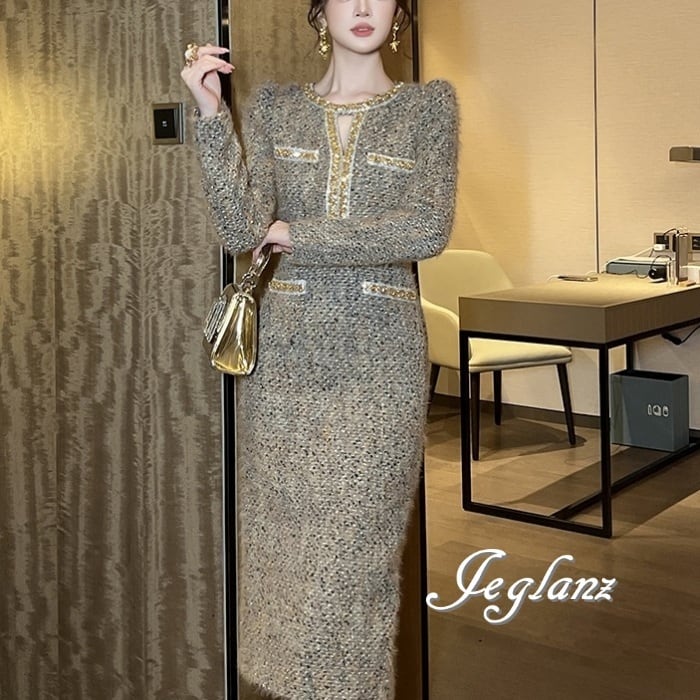 2色 ツイード ニット ワンピース ビジュー ファンシー 上品(MA994)η