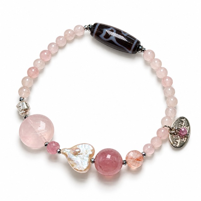 【ONLINE SHOP限定】【Blooming Pink Roses】水蓮花天珠×ローズクォーツ×パール ブレスレット