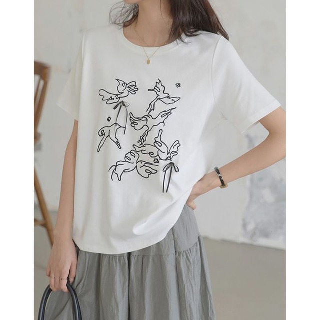 バード刺繍リボンモチーフTシャツ　201374