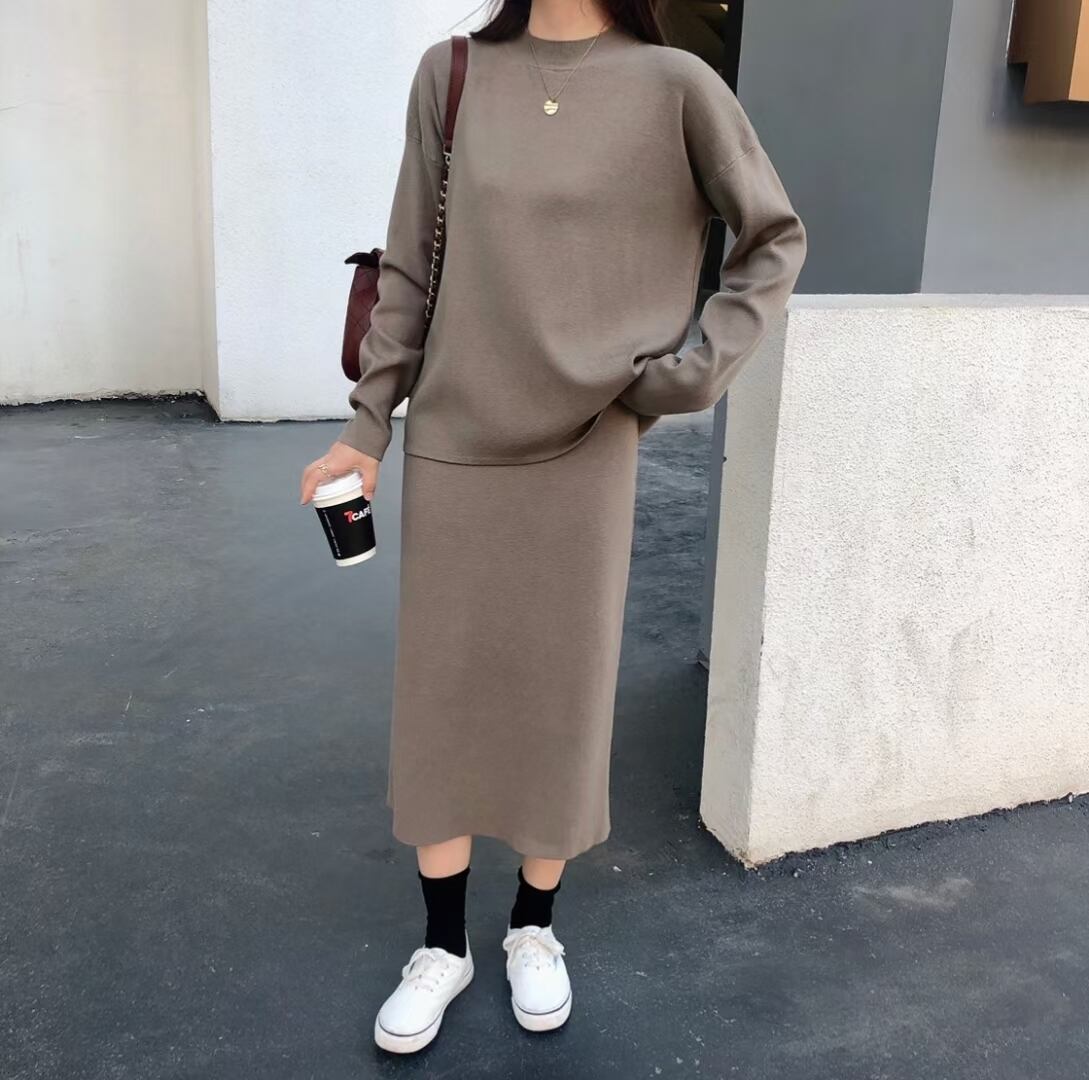 ボトルネックプルオーバー& Iラインスカート ニットセットアップ　AJ1050-9056 