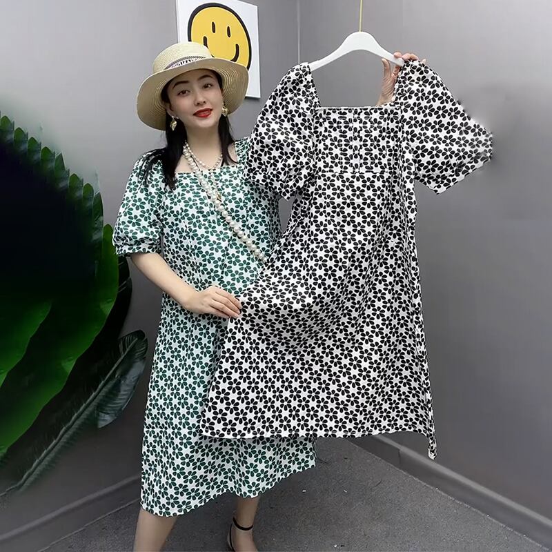 フローラルスカート ルーズサマーカラードレス 大きめサイズ 夏物 花柄 スクウェア ミックスインファッション57518758032