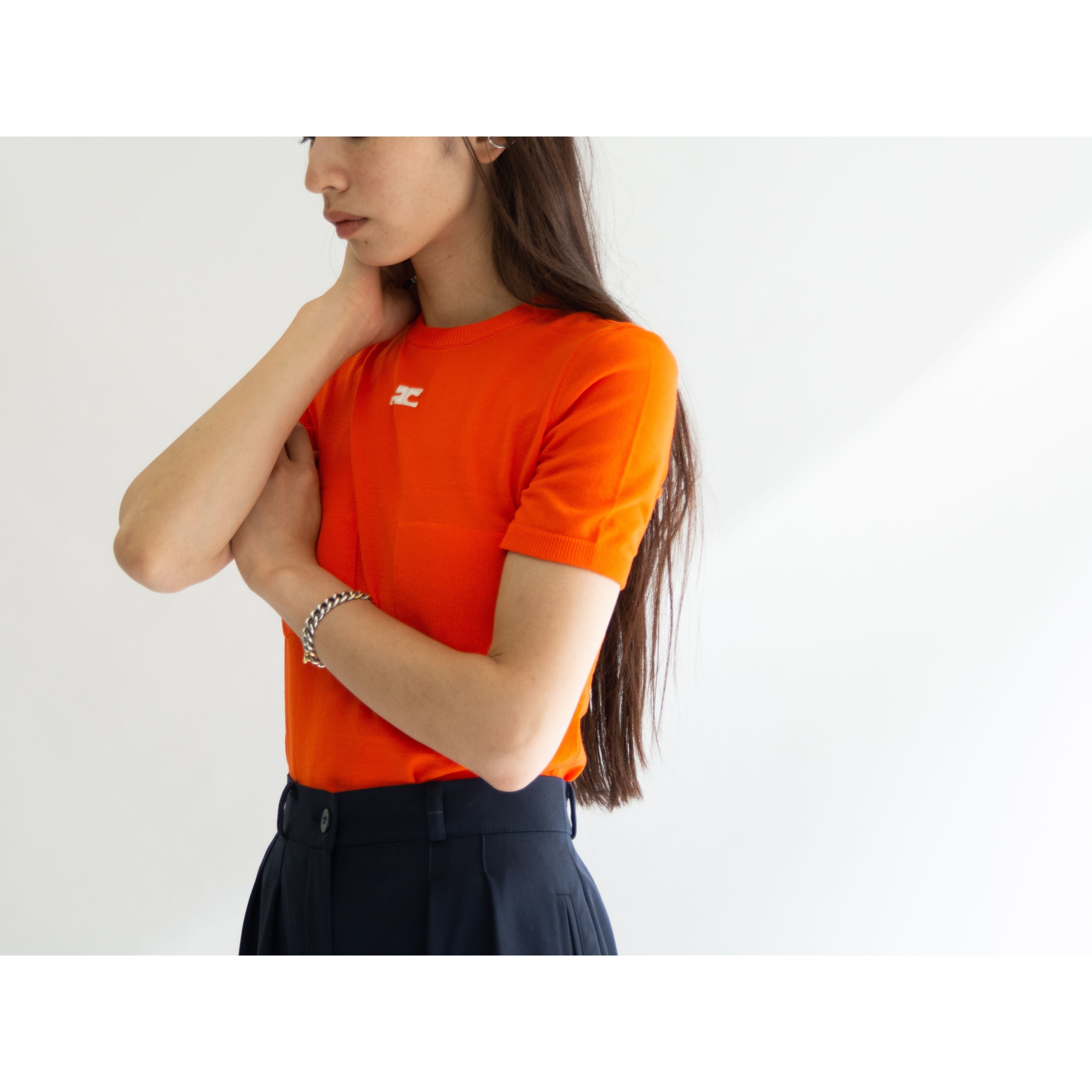 クレージュ Courreges リブニット オレンジ ロゴマーク ウール100%