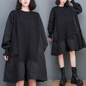 BLACK ROUND NECK LONG SLEEVES MINI A-LINE PULLOVER DRESS 1color M-10278