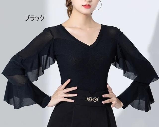 フレアスリーブ Vネック フリル ダンストップス (レオタードタイプ選択可) ds1106