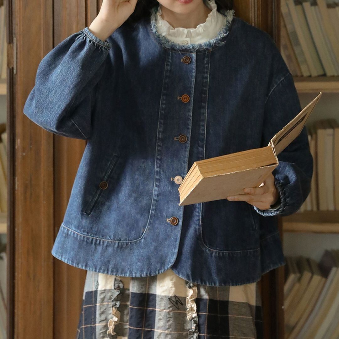 マレーラ　イタリア製　デニムノーカラージャケット　フレア袖　大きいサイズ42 マレーラ イタリア製 デニムノーカラージャケット フレア袖