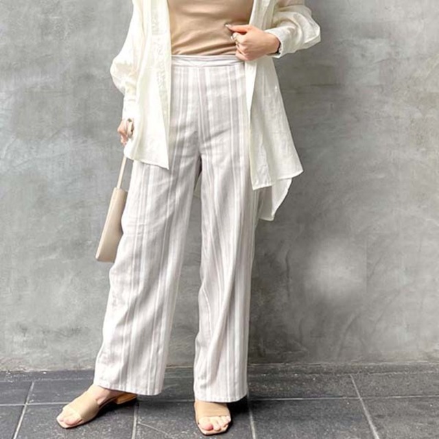 即納 50 Off ストライプパンツ リネンタッチ ストレートパンツ ワイドパンツ フレアパンツ 春夏 レディース ボトム ウエストゴム 体型カバー リネンライク レイヤード 重ね着 Sumoa
