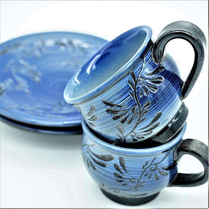 青刷毛目シリーズ コーヒーカップ＆ソーサー【幸陶器】 | 沖縄の工芸品