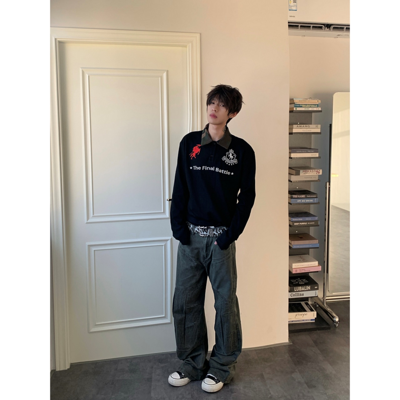 VINTAGE ストリート カモ襟刺繍ポロロングTシャツ T2216