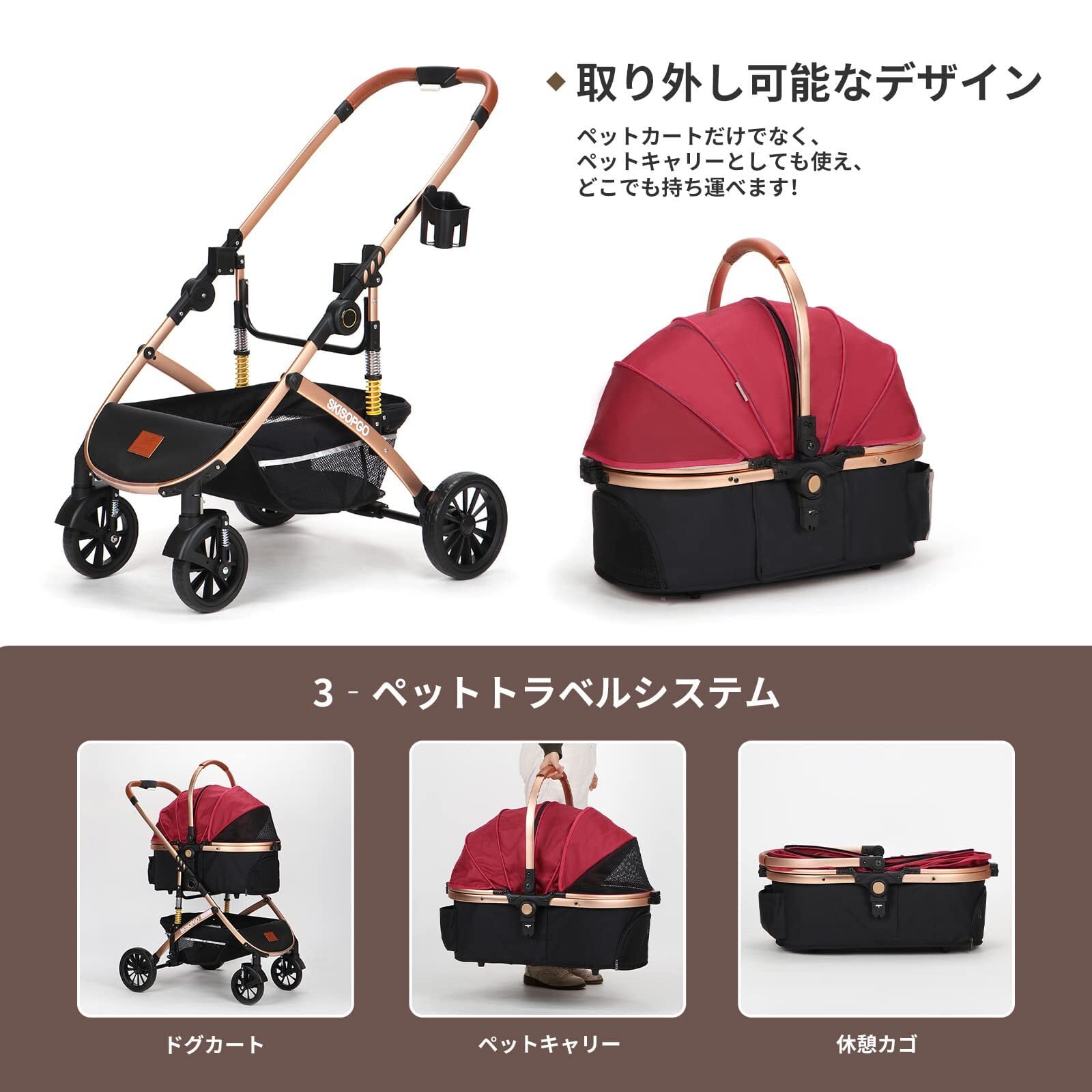 SKISOPGO ペットカート 対面式可能 3輪タイプペットバギー 分離