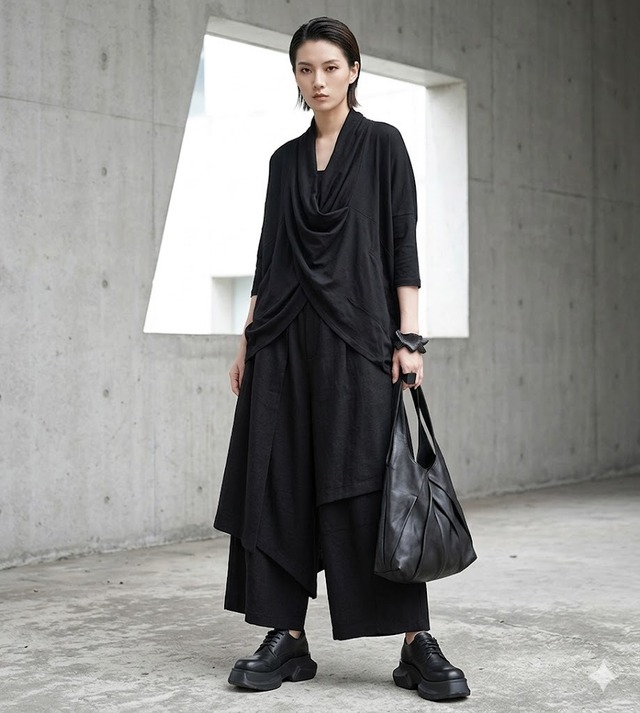 変形ドレープカットTOP	ブラック