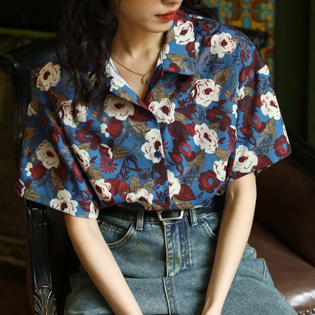柄シャツ 半袖 レトロ 花柄 シフォン生地 ブルー [A1446] | mirucop  