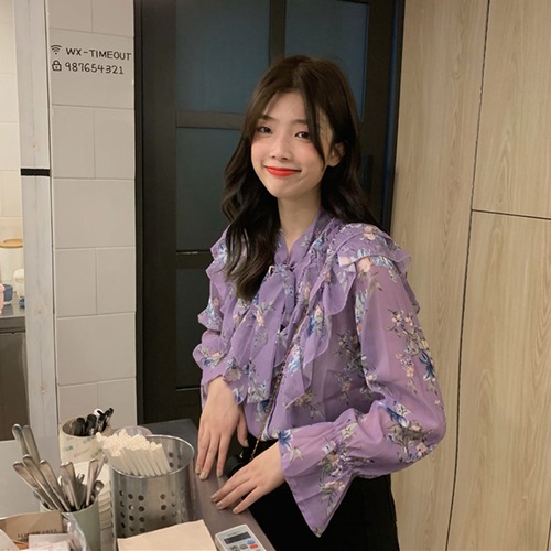 ✞ レースシフォンシャツブラウス ラウンドネック ラッフル花柄 トップス 大人ガーリー スウィート キュート カジュアル ステッチ ✞ゴスロリ SM ミリ 甘ロリ クラロリ 和ロリ エレガント 黒ロリ 姫ロリ 華ロリ BB-BB1988040