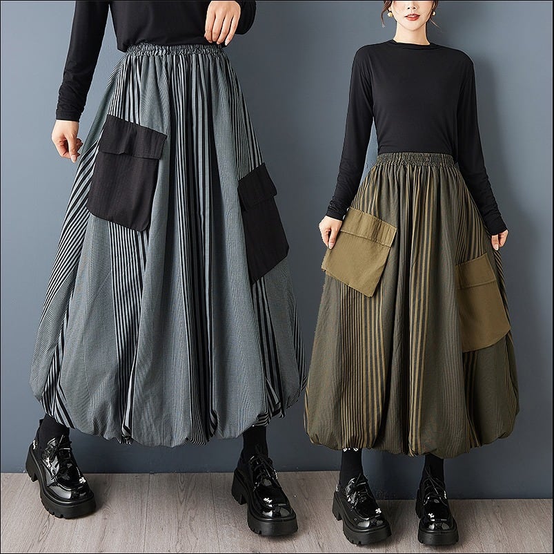 アシンメトリービッグポケットスカート ストライプパッチワーク ゴム