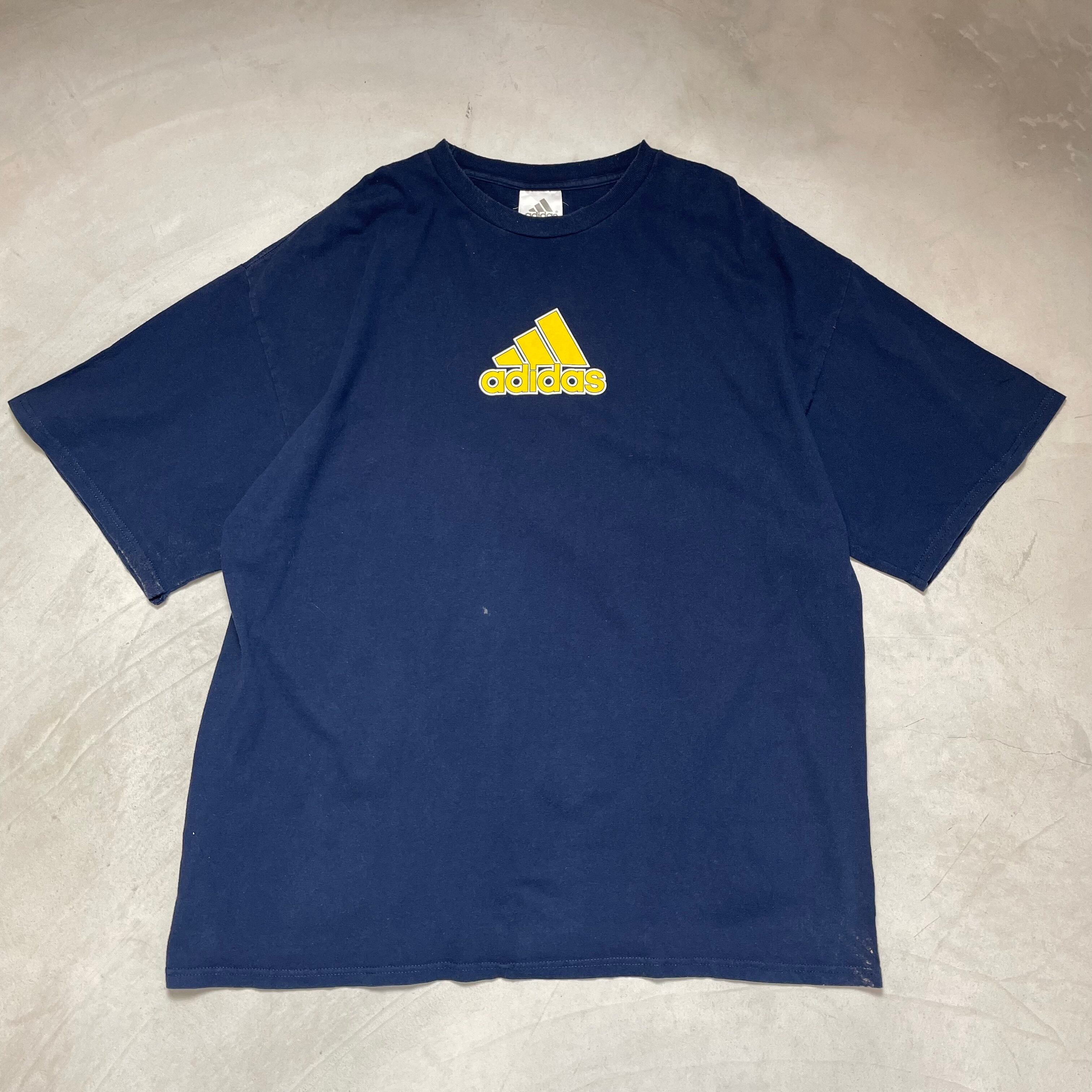 adidas アディダス パフォーマンスロゴ プリントTシャツ メンズXL相当 古着 ネイビー 青色【Tシャツ】