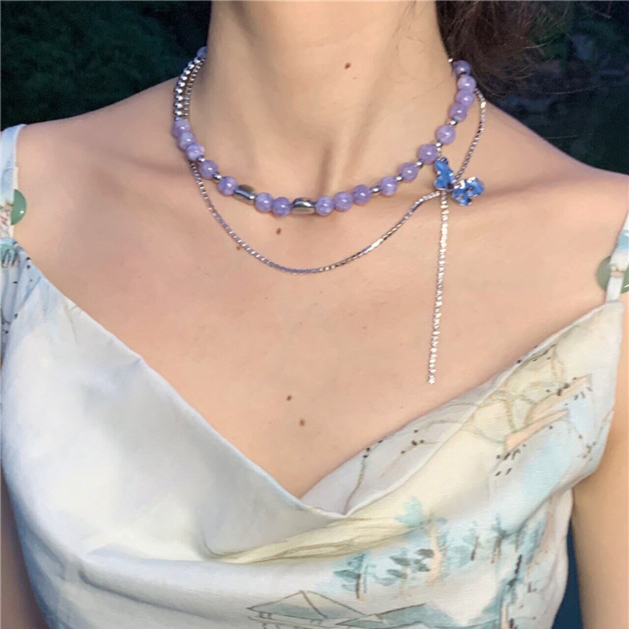 Afterparty紫色の玉石&胡蝶重ねネックレス