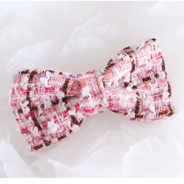 ツイードリボンバレッタ・リリーピンク