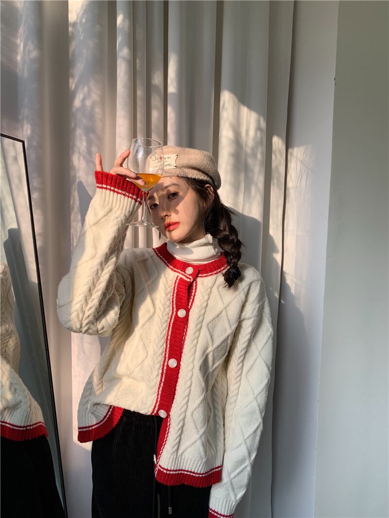 ニットセーター カーディガンジャケット オータムウィンタースタンダードルーズスタイルトップス ロング レトロ 秋物 冬物 ブラックストロベリース74184660615