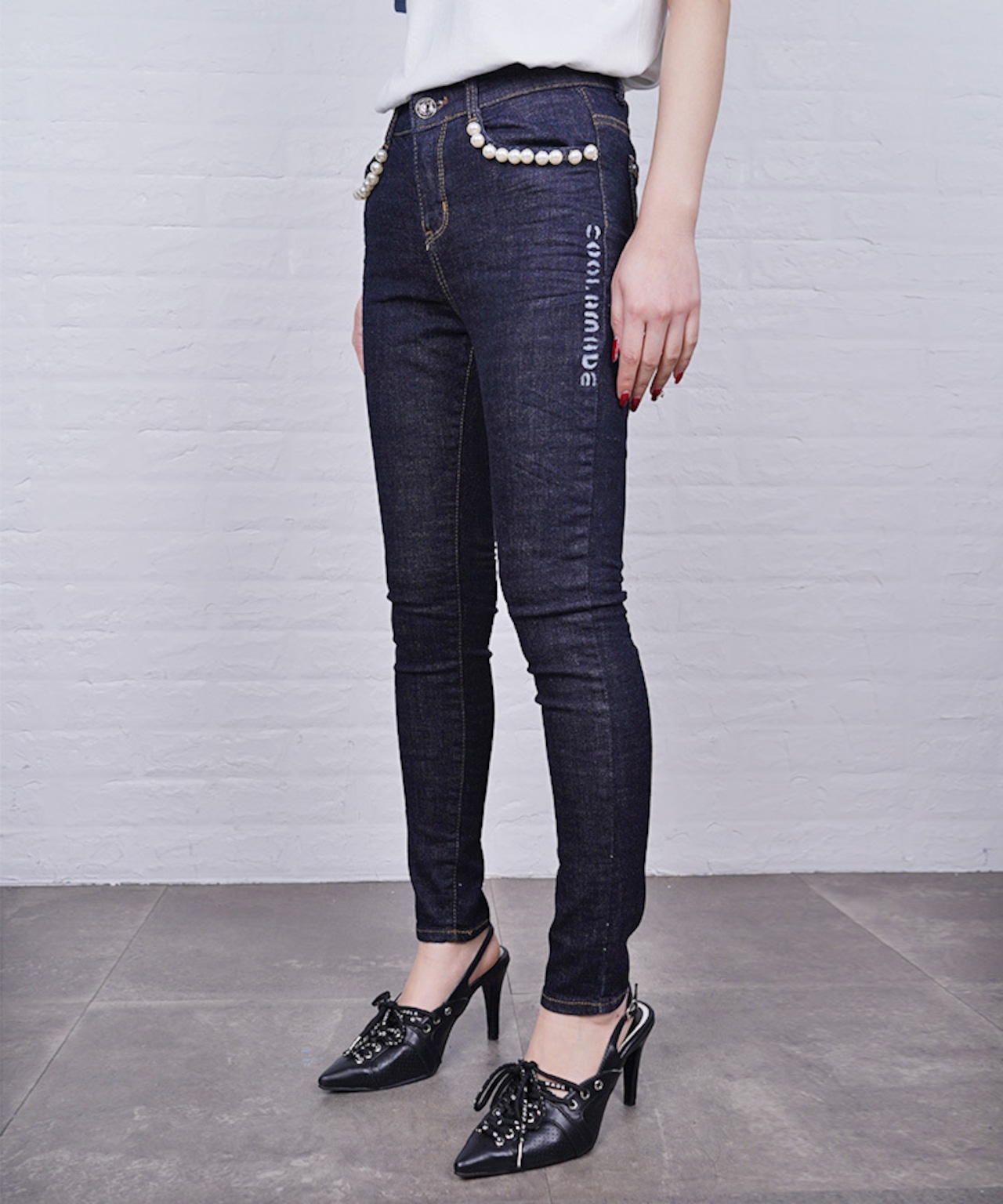 【ATELIER LINE】パール×ペイントウエストゴムスキニーデニム　CQ-48086H