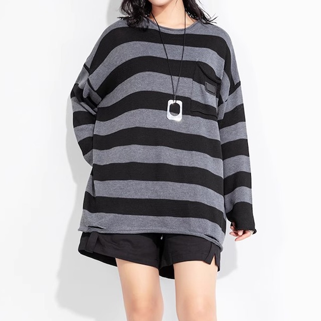 ボーダー柄 長袖 オーバーサイズ ヒップ丈 ニット 1color PU0453