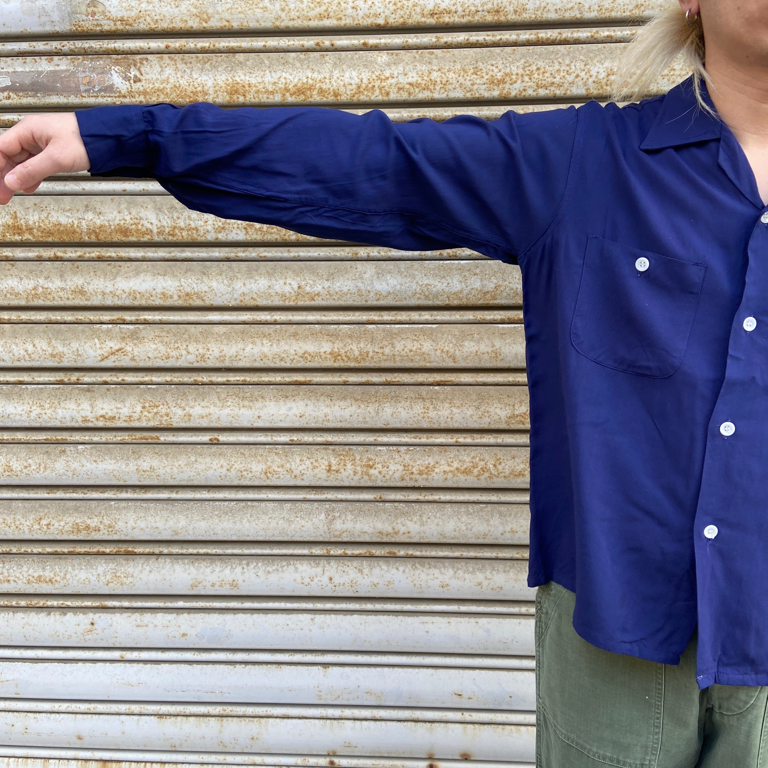 50s Mccall レーヨンシャツ M 長袖 開襟 ネイビー オープンカラー