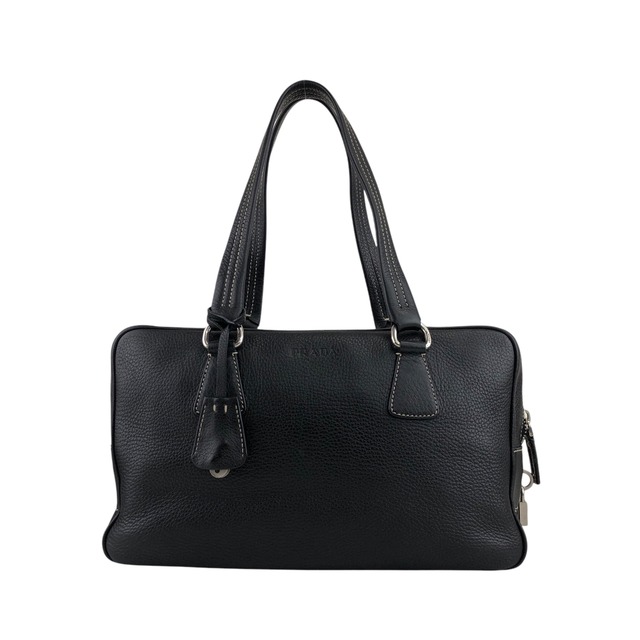PRADA プラダ ハンドバッグ ブラック ロゴ型押し レザー ミニボストン vintage ヴィンテージ オールド x2ea7x