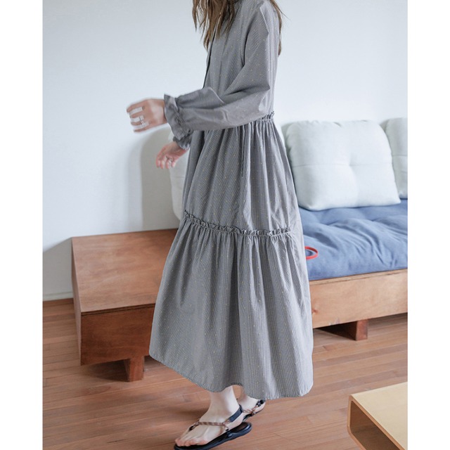 gingham check embroidered long shirt one-piece dress J00066