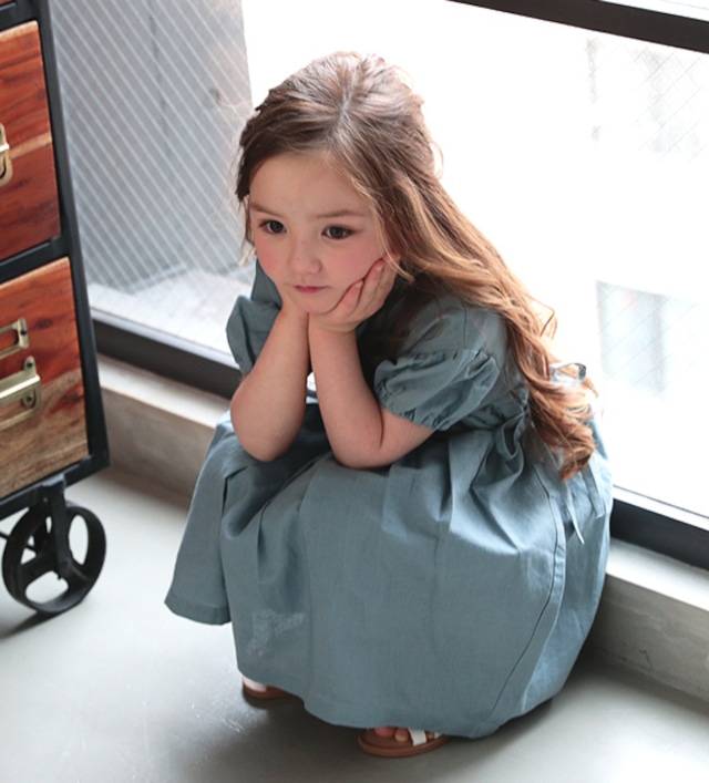 サイドリボンパフ袖ワンピース<Blue>