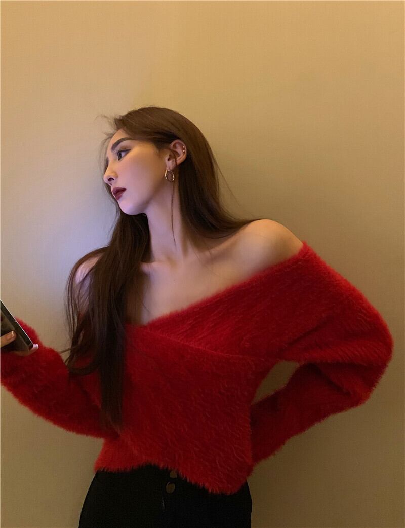 セーター スタンダードレッドクロスストラップレスショートルーズスプリングトップス ロング レトロ 春物 ブラックストロベリース38035843002