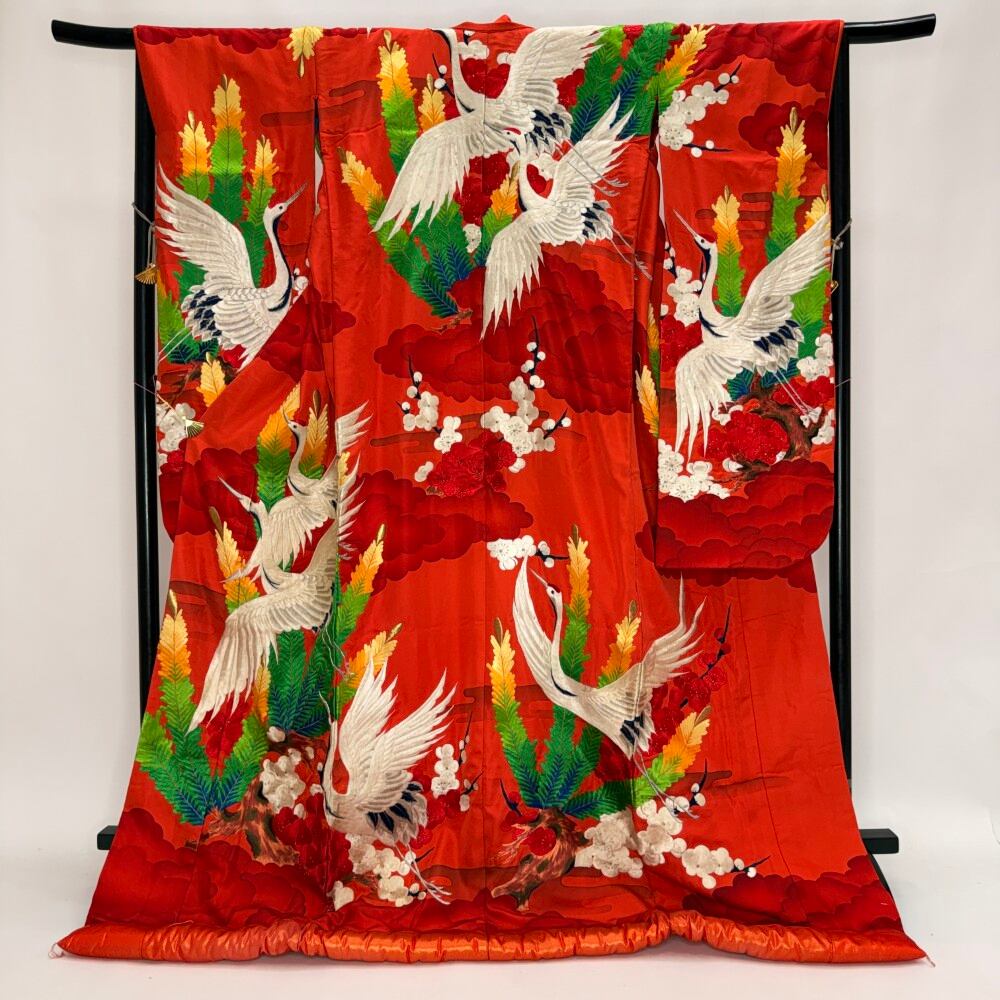 色打掛 正絹 鶴 刺繍 赤 打掛 花嫁衣裳 ポリエステル リサイクル 中古 ブライダル ウエディング 着物 6089