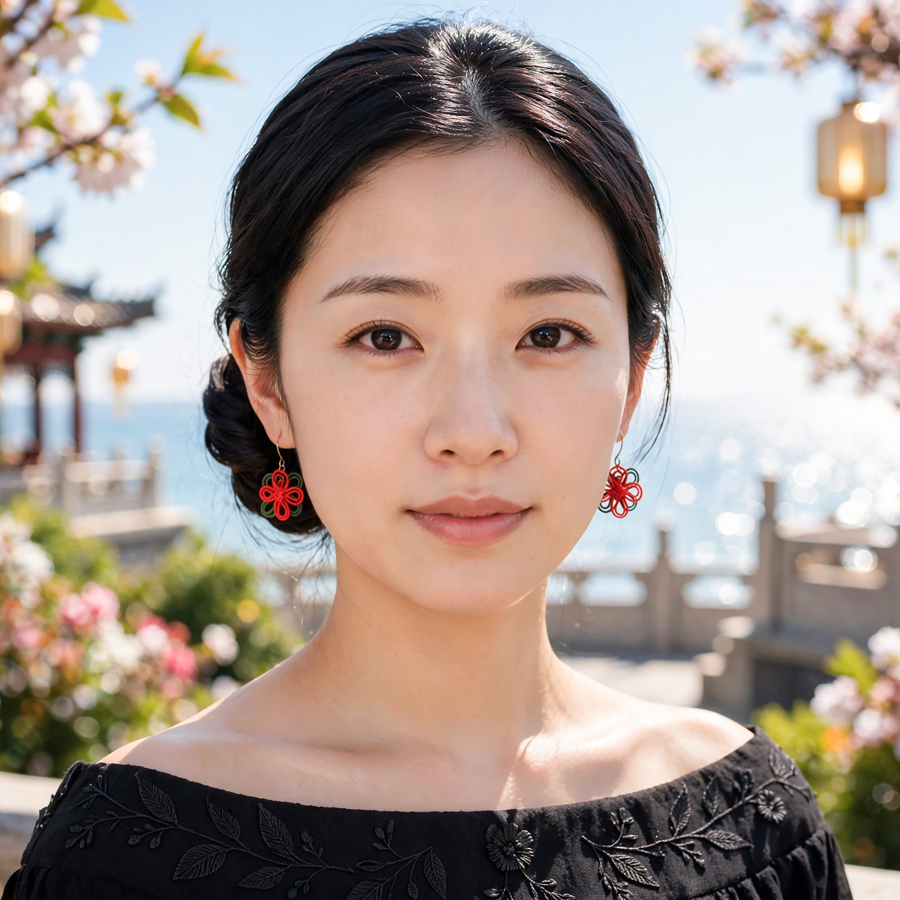 飾り結びピアス「温、ことり」(朱×深緑)【軽量】浴衣、着物、普段のお洋服にも。