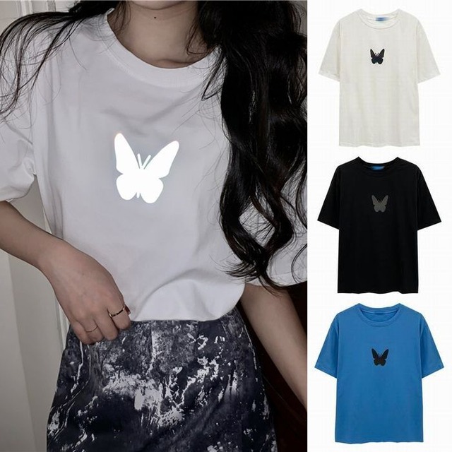 ユニセックス Tシャツ 反射光 バタフライ 半袖 ルーズ 韓国ファッション メンズ レディース トップス 大きめ カジュアル ストリートファッション / Butterfly Print Loose T-shirt Intide (DTC-617478923344)