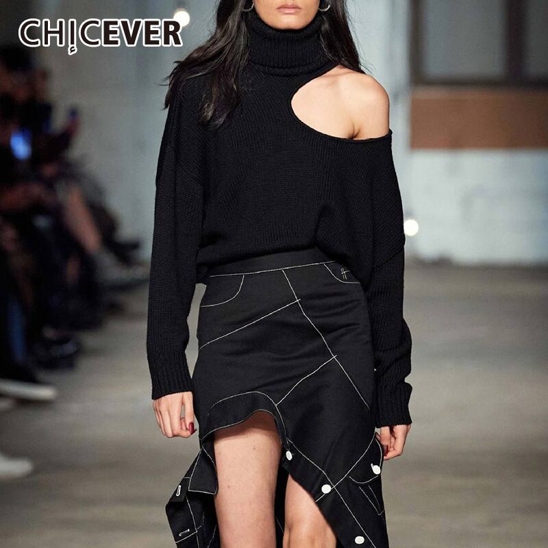 CHICEVERソリッドセーター女性タートルネック長袖ワンオフシューダーホール編みプルオーバー2021秋の潮 ロング ソリッドカラー 6base527447612271